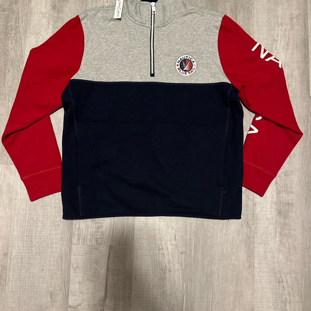 Nautica Men’s Medium Half Zip Sweatshirt Navy Blue Light Gray Red